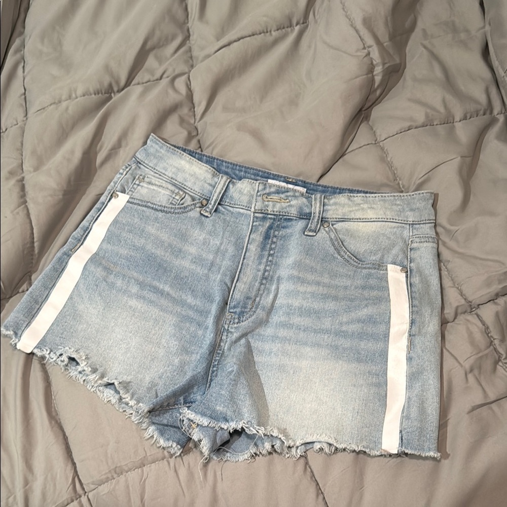 Tinseltown Blue Jean Shorts with Sporty Stripes and Frayed Hem